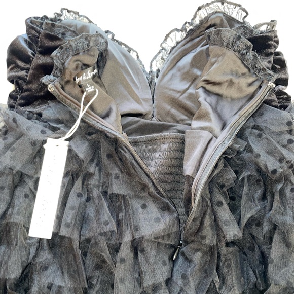 For Love And Lemons Jourdan Black Ruffle Polka Dot Mini Dress/Bodysuit w Gloves - Picture 9 of 10